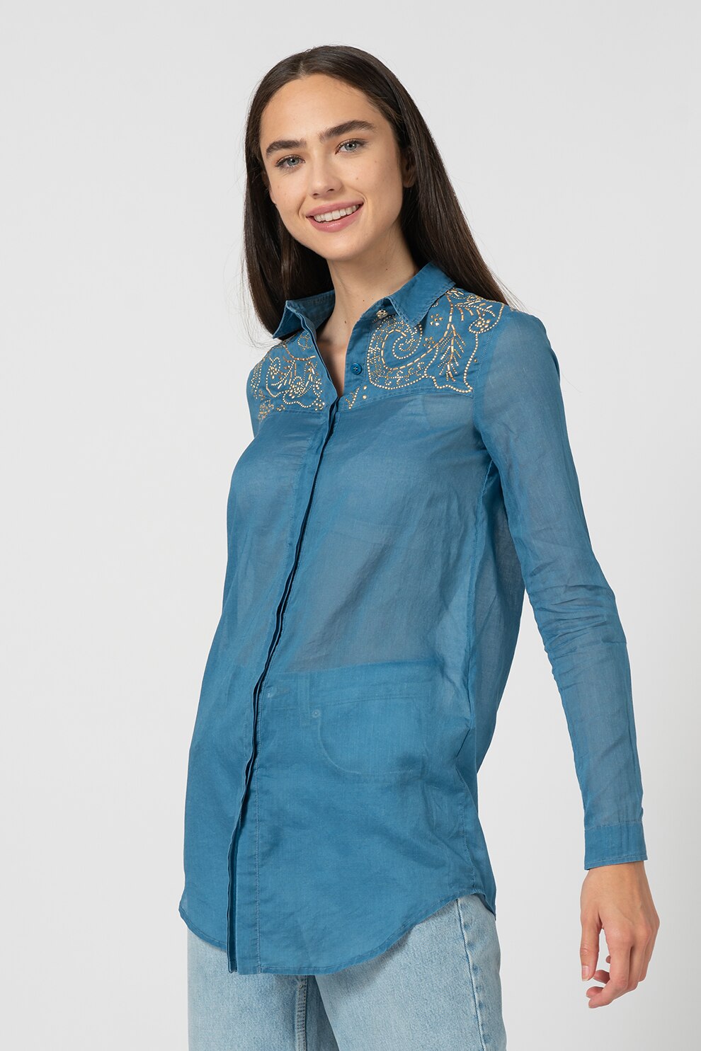 Versace Jeans, Camasa cu aplicatii de nituri, Albastru, XS