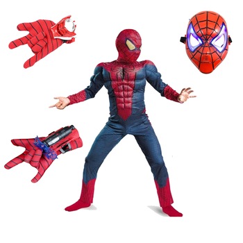 Set costum Spiderman cu muschi, pentru 5-7 ani, 2 lansatoare si masca plastic LED, rosu Set costum Spiderman cu muschi, pentru 5-7 ani, 2 lansatoare si masca plastic LED, rosu