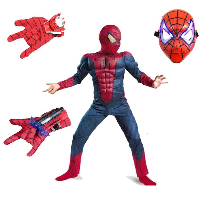 Pókember jelmez, izom párnákkal, 5-7 éves gyerekeknek, 2 tapadókorongos nyíl kilövővel és műanyag LED maszkkal, piros