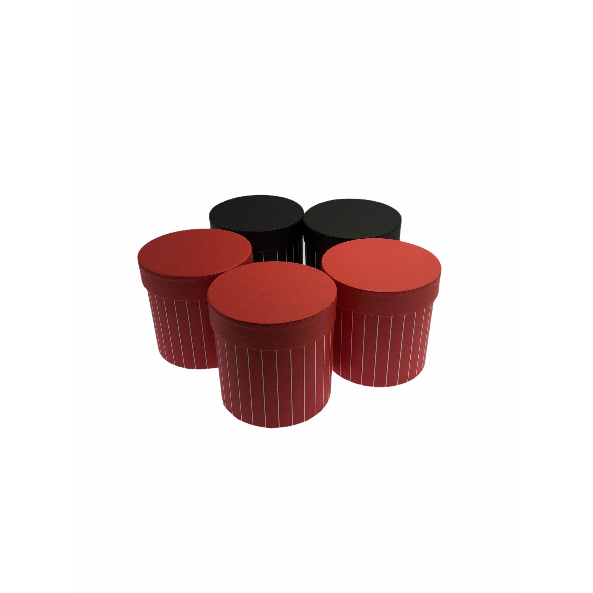 Set Atelier 5 cutii decorative cu capac pentru aranjamente si cadouri, Carton, 12 cm, Rosu/negru cu dungi