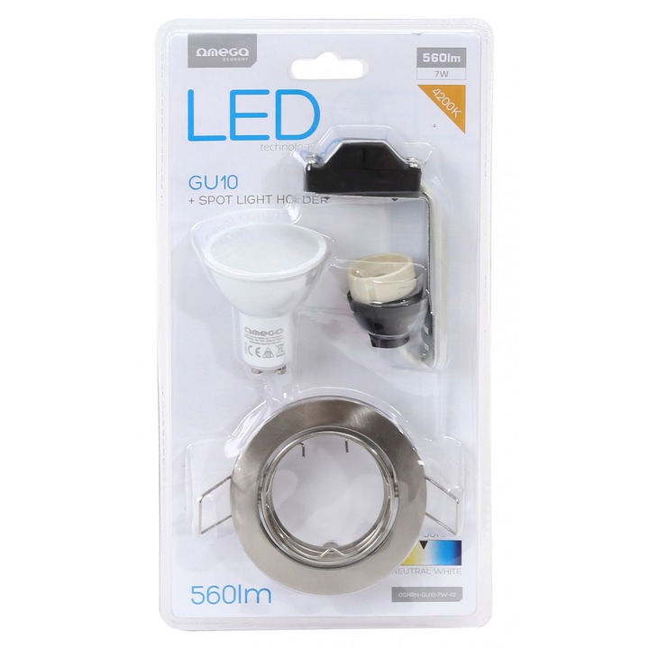 Bec Led Omega 43492, tip spot, 4200K, GU10, 7W, 560lm, lumina naturala, cu suport complet Neutra 7 W 1
