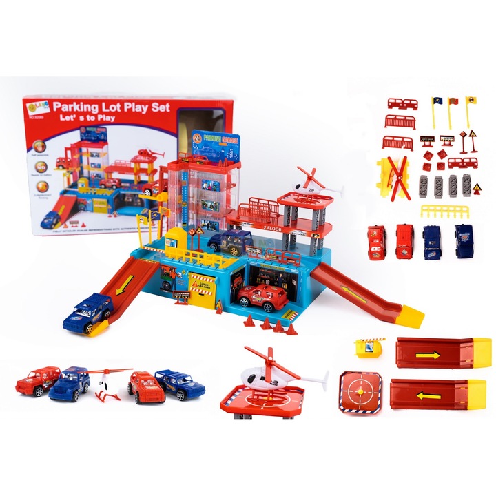 Set Joaca pentru Copii Parcare + Heliport "LikeSmart Parking Lot" cu 4 Masinute Incluse si Elicopter, Lift, Service, Acces cu Bariera si Pista de Lansare, Rosu/Albastru
