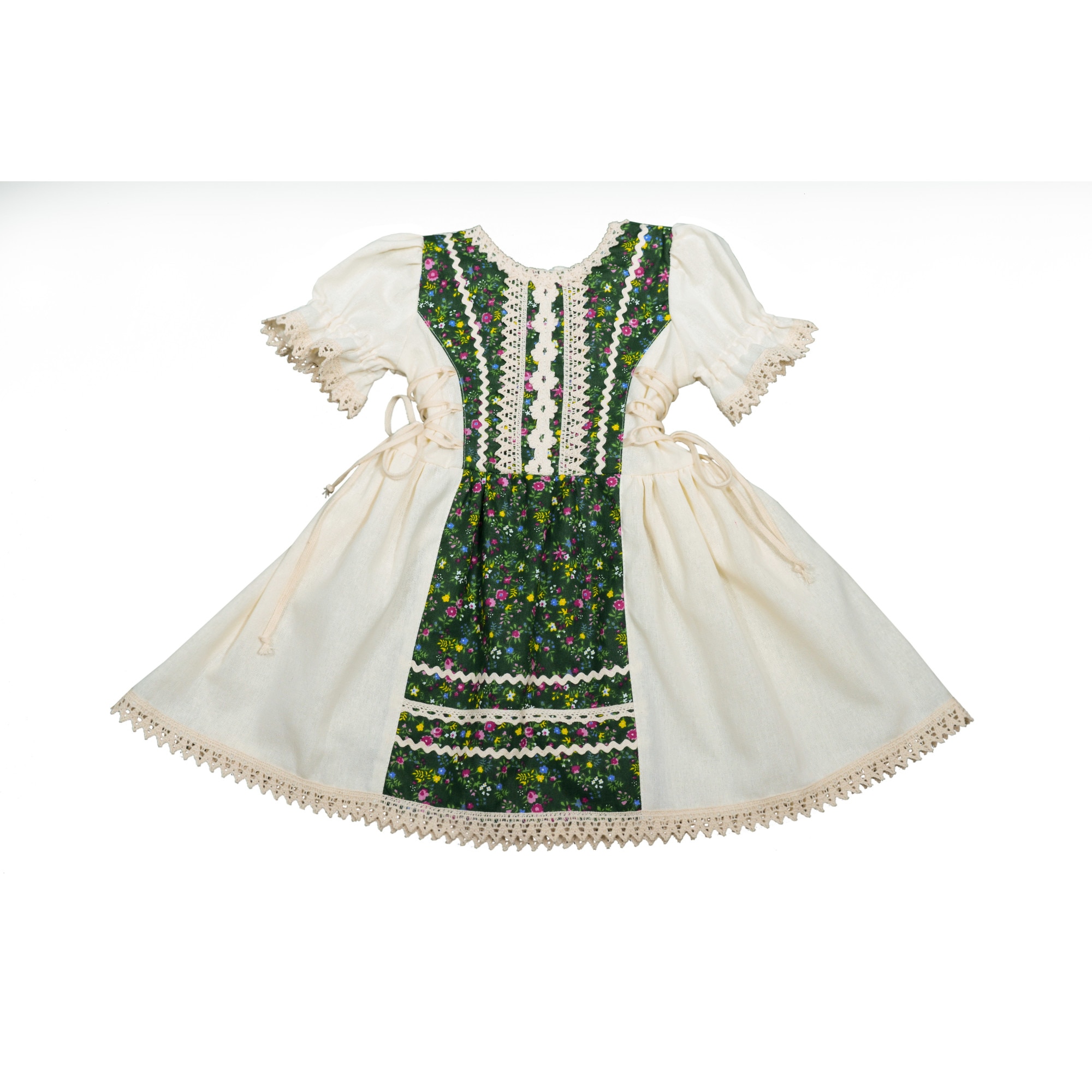 Rochita rustica pentru fetite Magdalena crem/verde cu floricele