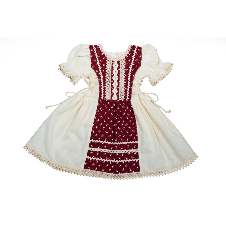 Рустик рокля за момиче 9-10 години, 100% памук, кремаво/бордо с лалета