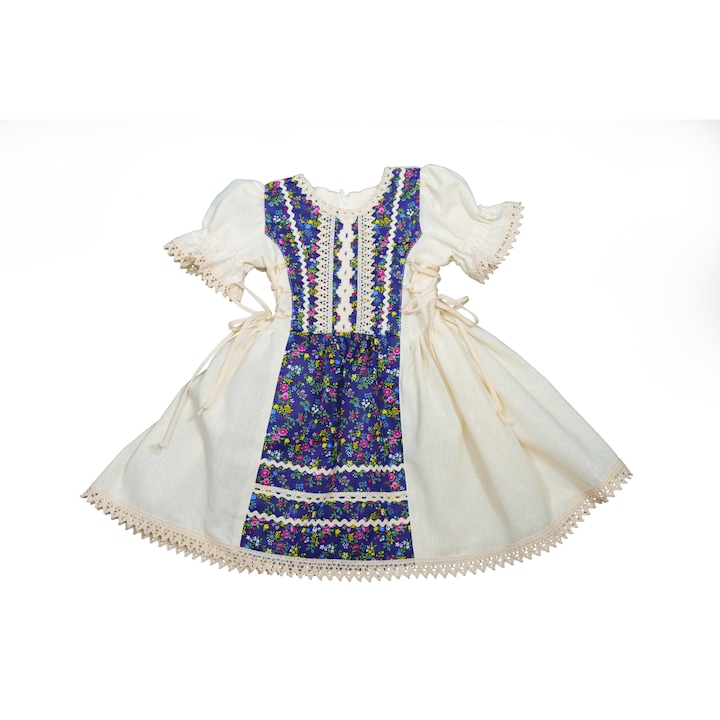Рустикална рокля за момиче 9-10 години, 100% памук, кремаво/синьо с пуканки