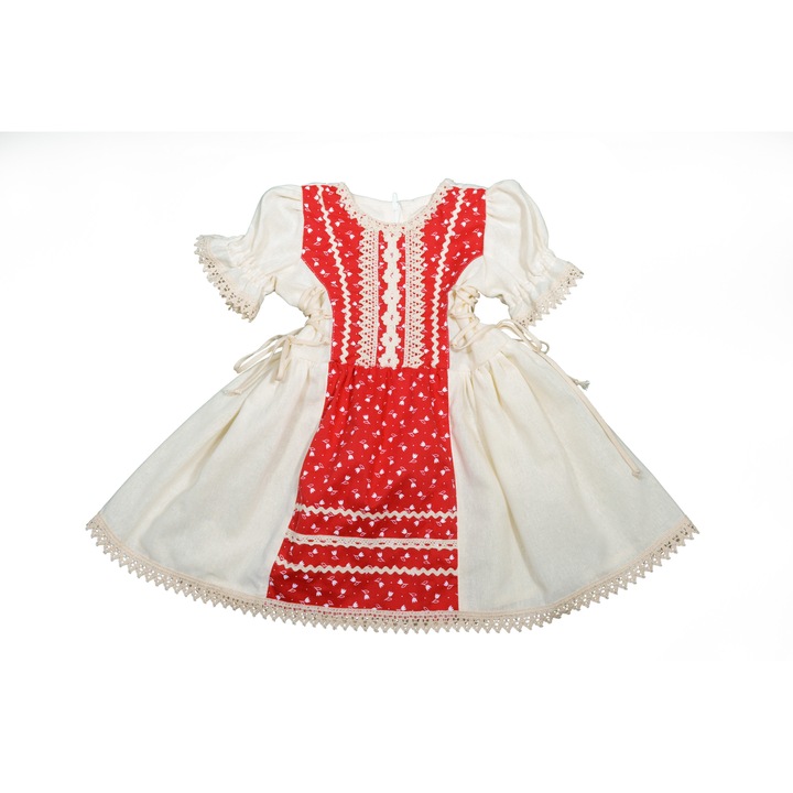 Рустик рокля за момиче Магдалена кремаво/червено с лалета