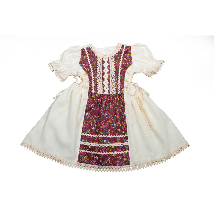 Рустик рокля за момиче 6 години, 100% памук, кремаво/бордо с пуканки