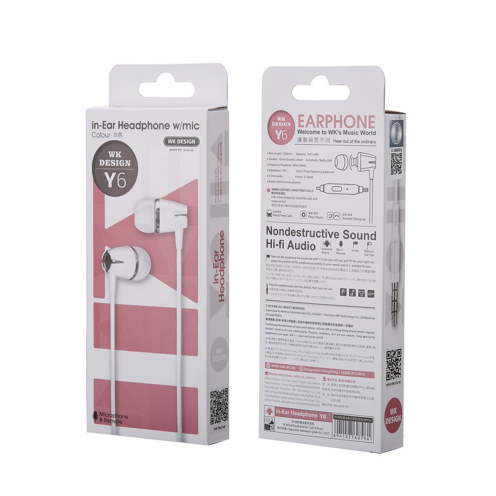 Casti intraauriculare WK Design, Jack 3.5, cu telecomanda, Alb