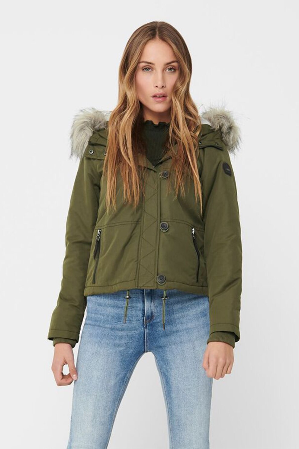 Only, Jacheta scurta cu garnitura de blana sintetica, Verde militar, XL