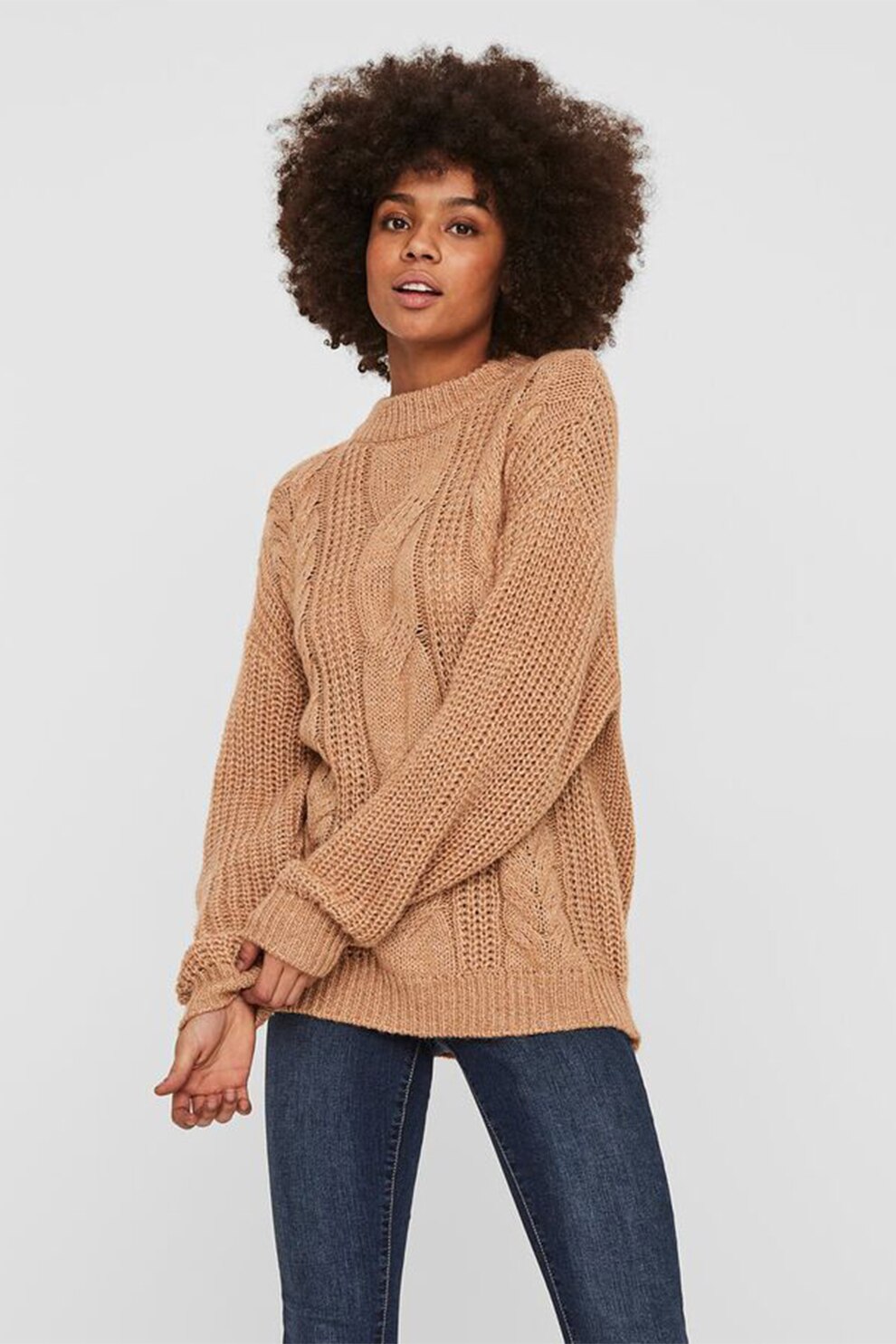 Vero Moda, Pulover din amestec de lana cu model torsade, Cafeniu