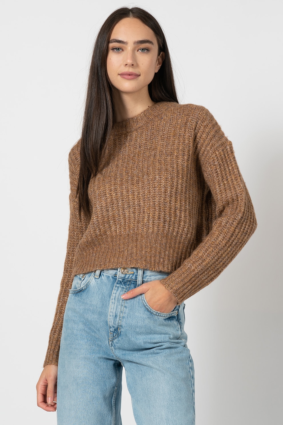 Only, Pulover din amestec de lana cu maneci cazute New, Maro camel, M