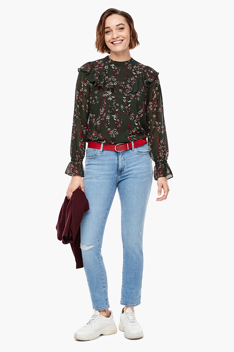 s.Oliver, Bluza vaporoasa cu model floral, Verde/Rosu/Galben