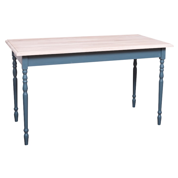 Szel-Mob asztal, tölgyfa asztallappal és esztergált lábakkal, méret 140x70x78, tömör fa, natúr színű asztallap, sötétkék testszín, kétszínű