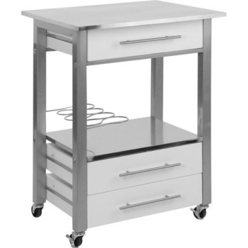 Raft multifunctional mobil pentru bucatarie Koopman, MDF/Metal, Alb/Argintiu Raft multifunctional mobil pentru bucatarie Koopman, MDF/Metal, Alb/Argintiu