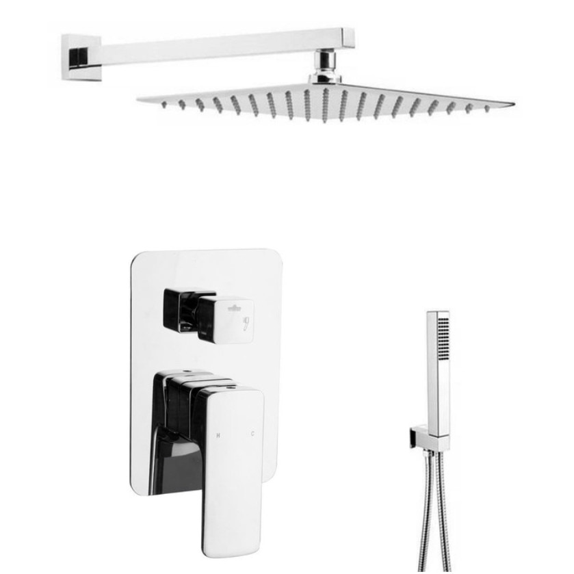 Set de dus complet incastrat, cutie de distributie, crom , para patrata 25 cm