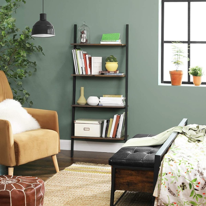 4 szintes fali polc, ipari formatervezés, 64 x 35 x 150 cm, barna