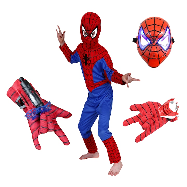 Pókember öltöny készlet, 3-5 éves méret, két hordozórakéta és piros LED műanyag maszk