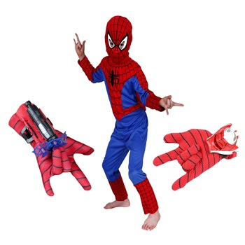 Set costum Spiderman L, 120-130 cm si doua manusi cu ventuze si discuri, rosu Set costum Spiderman L, 120-130 cm si doua manusi cu ventuze si discuri, rosu