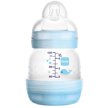 Biberon din polipropilena cu tetina din silicon 130 ml 0 luni MAM Anti-Colic 718519A, Albastru Biberon din polipropilena cu tetina din silicon 130 ml 0 luni MAM Anti-Colic 718519A, Albastru
