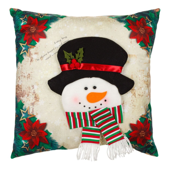Színes díszpárna karácsonyi hóember mintával, Oroszlán, 37 x 37 cm