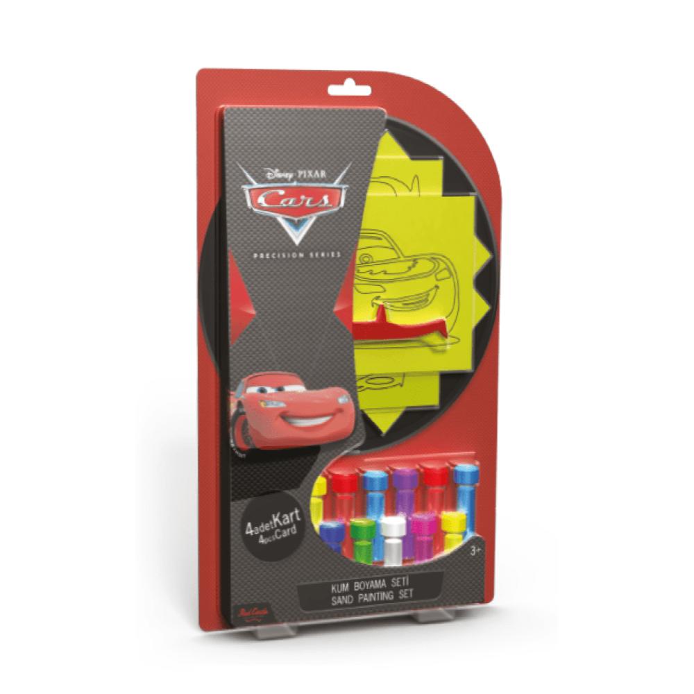 Set creativ pictura cu nisip colorat, Cars - Fulger McQueen, Bucsa, Doc, Sally, Disney, 4 planse 11,75 x 16,5 cm, 4 suporti carton, 16 tuburi nisip multicolor, 1 penseta, 4 folii protectie, + 3 ani