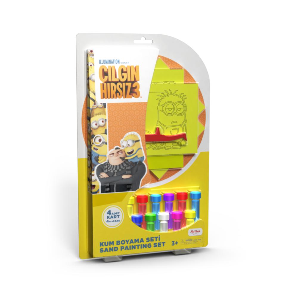 Set creativ pictura cu nisip colorat, Minion – Kevin, Stuart, Bob, Phil, Disney, 4 planse 11,75 x 16,5 cm, 4 suporti carton, 16 tuburi nisip multicolor, 1 penseta, 4 folii protectie, + 3 ani