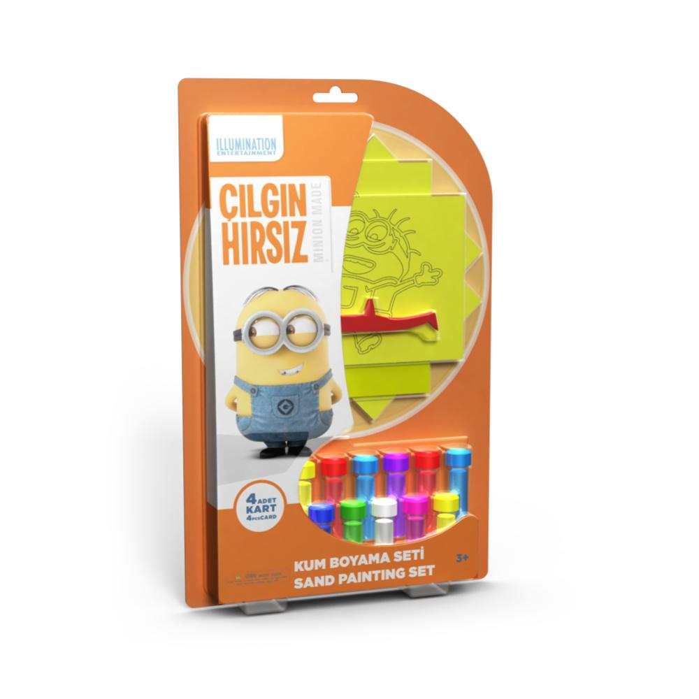 Set creativ pictura cu nisip colorat, Minion – Stuart, Bob, Agnes, Disney, 4 planse 11,75 x 16,5 cm, 4 suporti carton, 16 tuburi nisip multicolor, 1 penseta, 4 folii protectie, + 3 ani