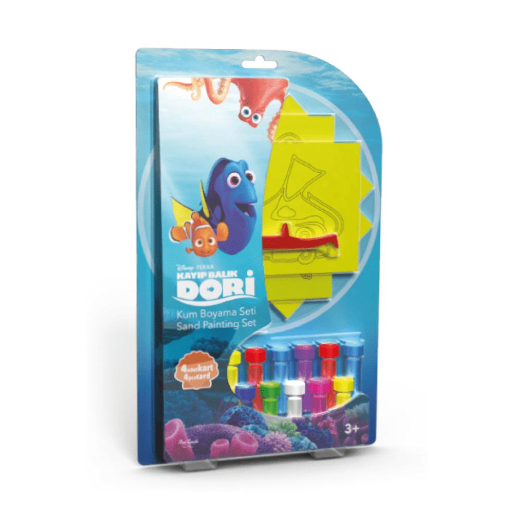Set creativ pictura cu nisip colorat, Dori & Nemo & Squirt, Disney, 4 planse 11,75 x 16,5 cm, 4 suporti carton, 16 tuburi nisip multicolor, 1 penseta, 4 folii protectie, + 3 ani
