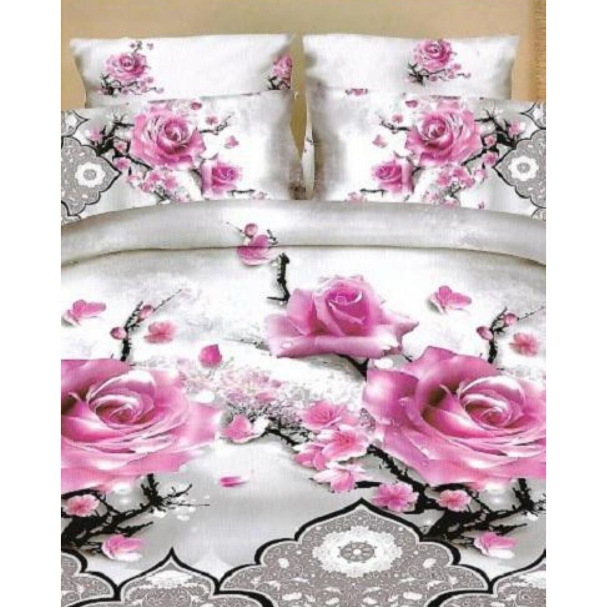 Lenjerie 3D Bumbac Satinat - 4 Piese - Pink Roses