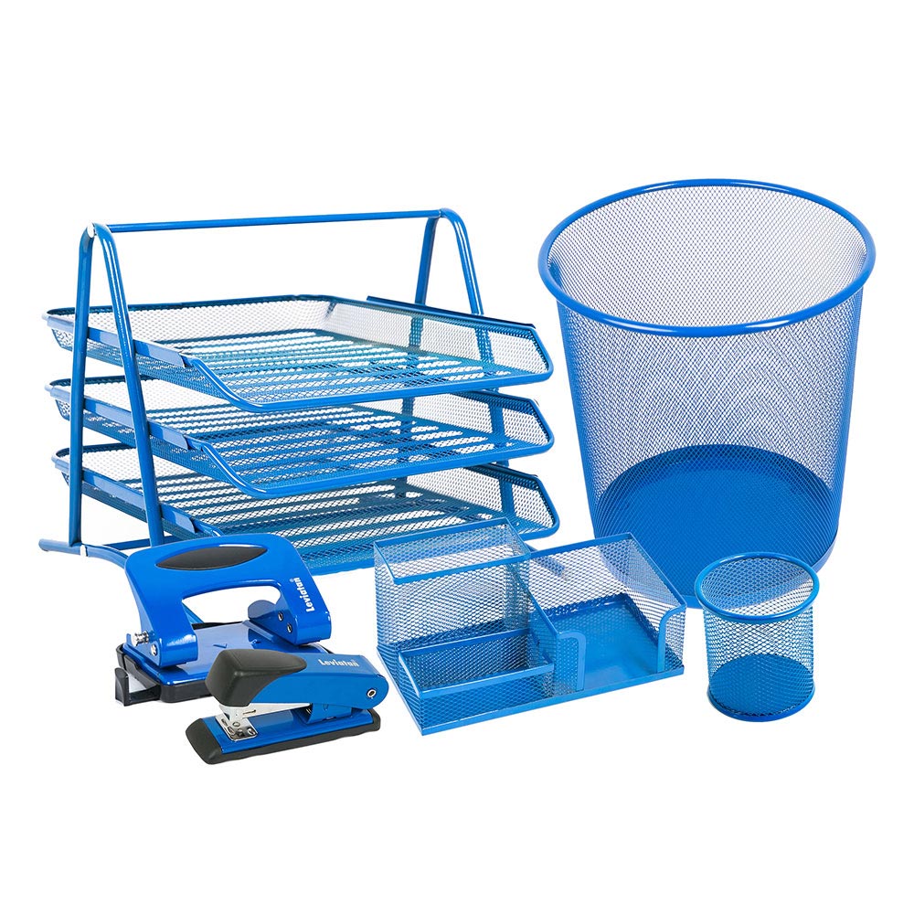 Set Birou - Suport instrumente de scris, Capsator, Perforator, Tavita documente ,Cos gunoi - Culoare Albastra