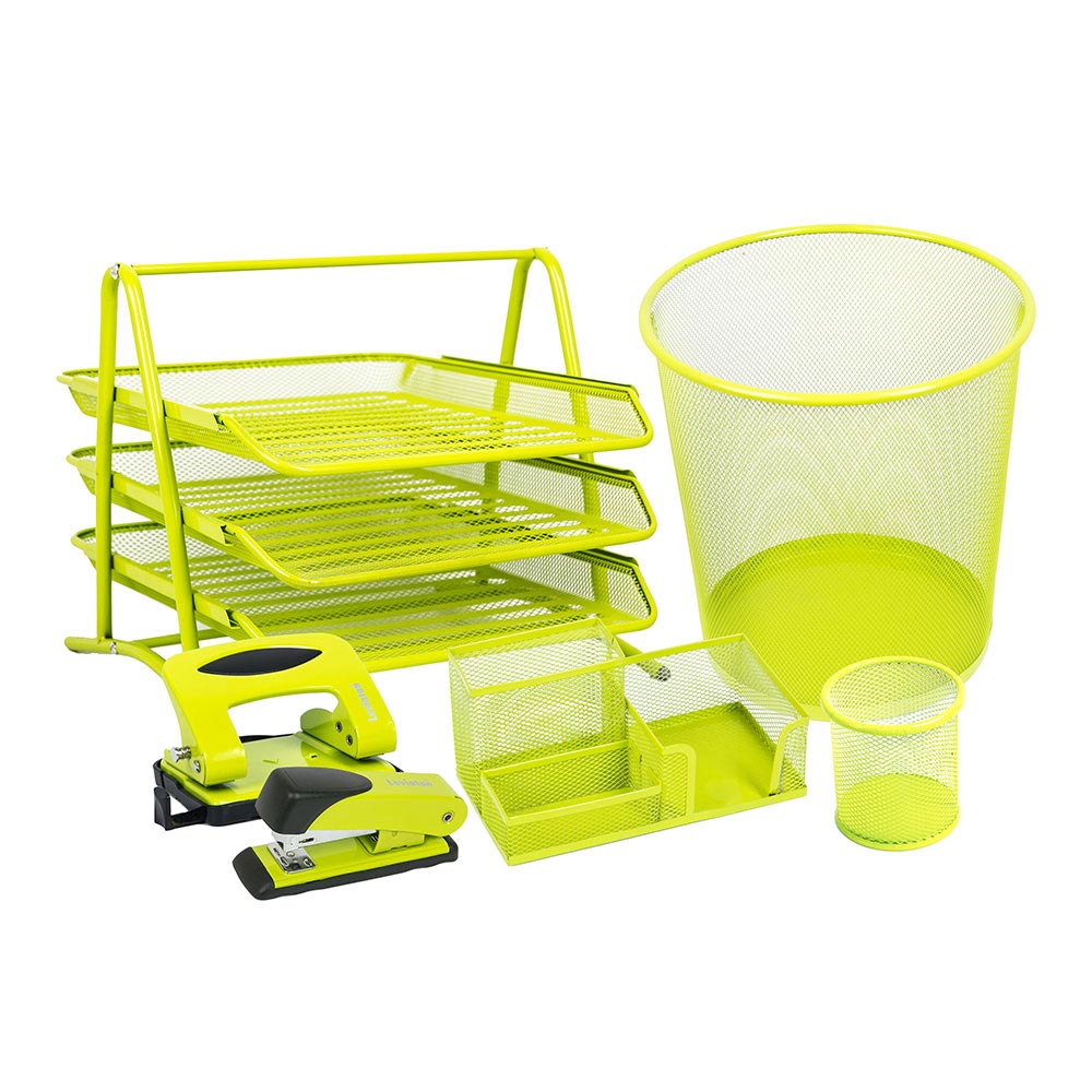 Set Birou - Suport instrumente de scris, Capsator, Perforator, Tavita documente ,Cos gunoi - Culoare Verde