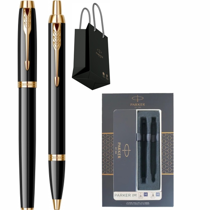 Set Pix Stilou Parker IM Royal Black Lacquer GT cu gravura laser inclusa si punga Parker