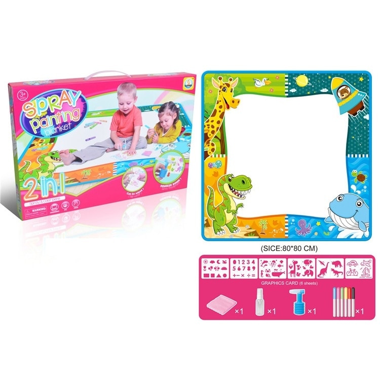 Set pentru desen, Covoras Magic Lavabil, LittleDomi,6 Carioci 2in1, Spray, Prosop si Recipient pentru Apa,6 sabloane cu diferite forme