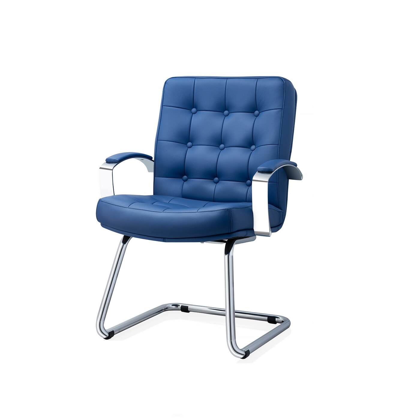 Scaun directorial TRAFFIC CHAIRS POLO V CROM, piele naturala ALBASTRA, baza compler CROMATA, brate din aluminiu tapitate partial