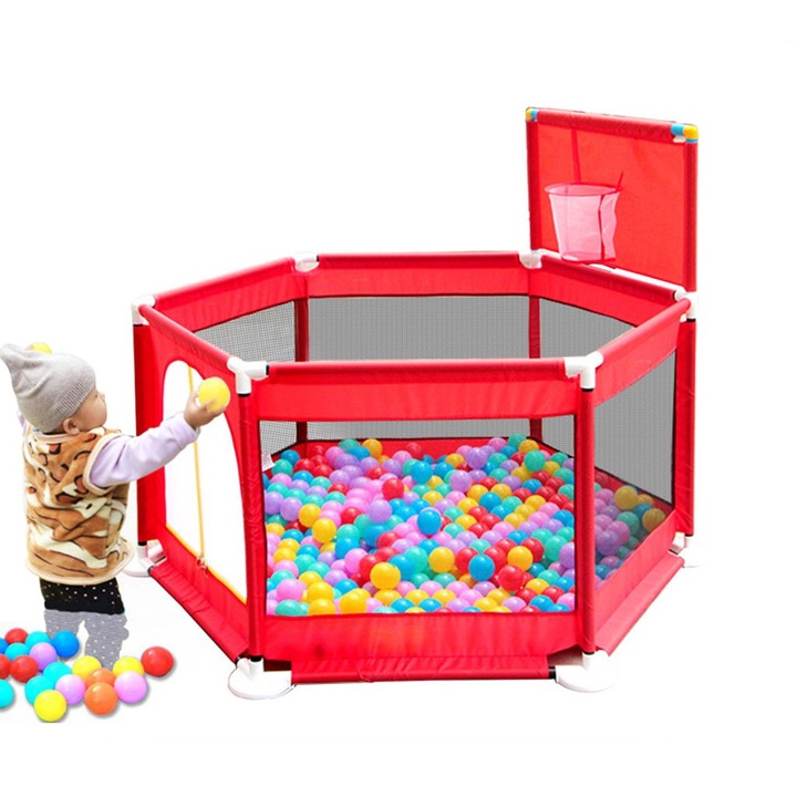 Spatiu de joaca si tarc pentru bebelusi, cu cos de baschet si 50 de bile incluse, rosu - Krista®