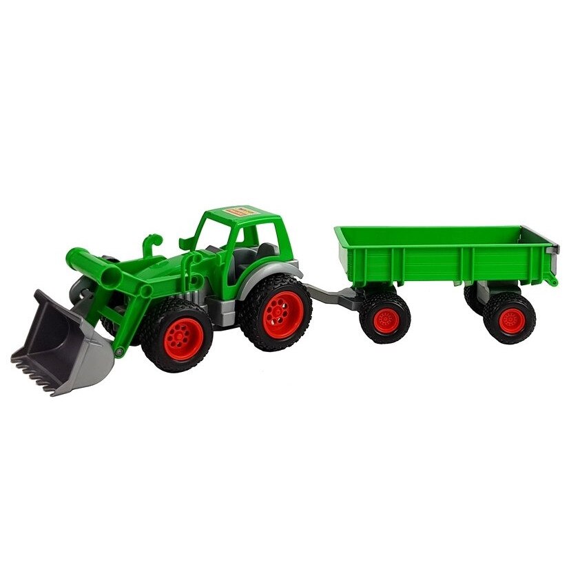Tractor Polesie Farmer cu excavator frontal si remorca, verde
