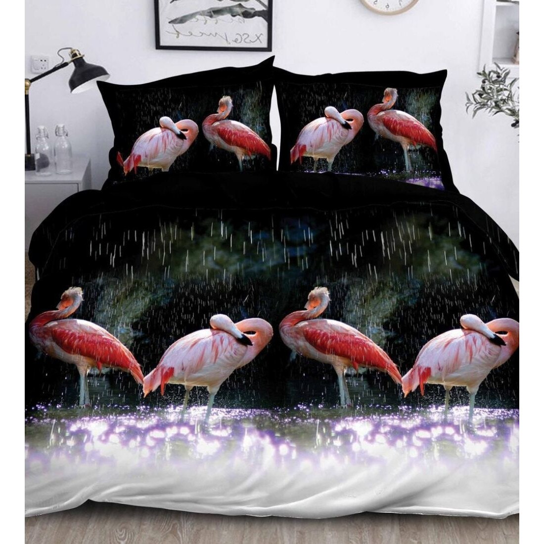 Lenjerie 3D Bumbac Satinat - 4 Piese - Wet Flamingos