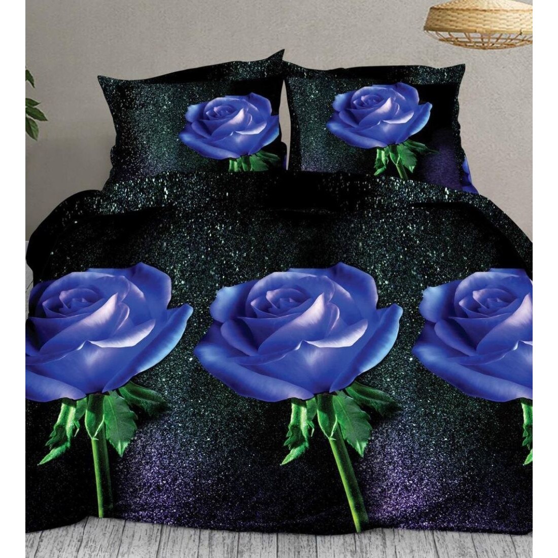 Lenjerie 3D Bumbac Satinat - 4 Piese - Dark Blue Roses