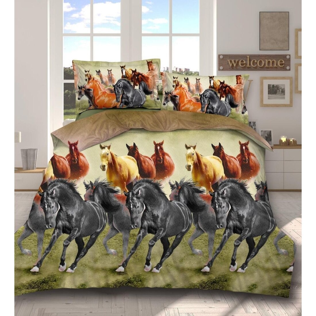 Lenjerie 3D Bumbac Satinat - 4 Piese - Running Horses