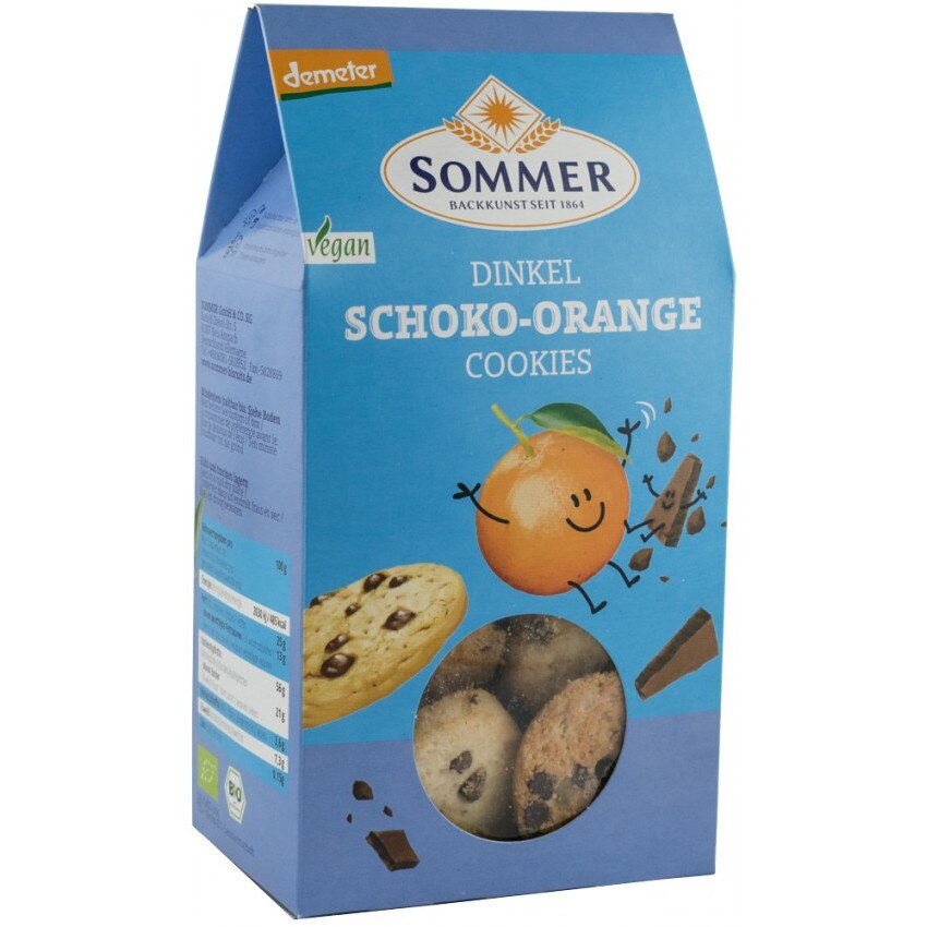 Biscuiti din grau spelta cu ciocolata amaruie si ulei de portocale, bio, Sommer, 150 g