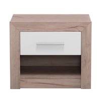 Noptiera pentru dormitor cu 1 raft si 1 sertar, stejar gri cu folie lucioasa alba, 53 x 46 x 35 cm