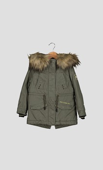 Pepe Jeans London, Geaca cu gluga si garnitura de blana sintetica, Kaki, 188 CM Pepe Jeans London, Geaca cu gluga si garnitura de blana sintetica, Kaki, 188 CM