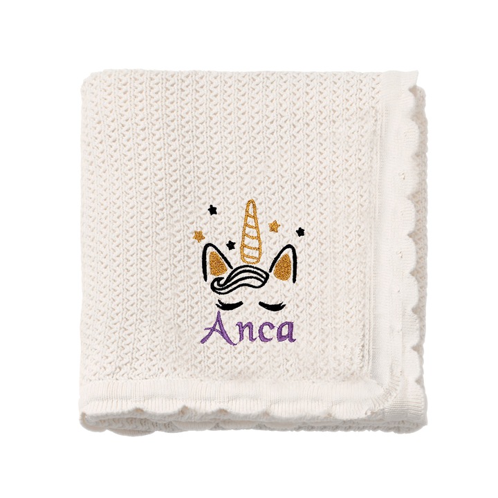 Paturica bebe, LWS, bumbac, tricotata, brodata, model unicorn Anca