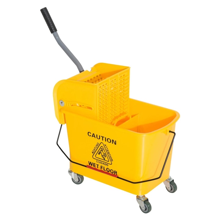 HomCom Mop Tisztító szett, felmosóvödör csavaróval, műanyag/ fém, 60 x 27 x 70,5 cm, sárga