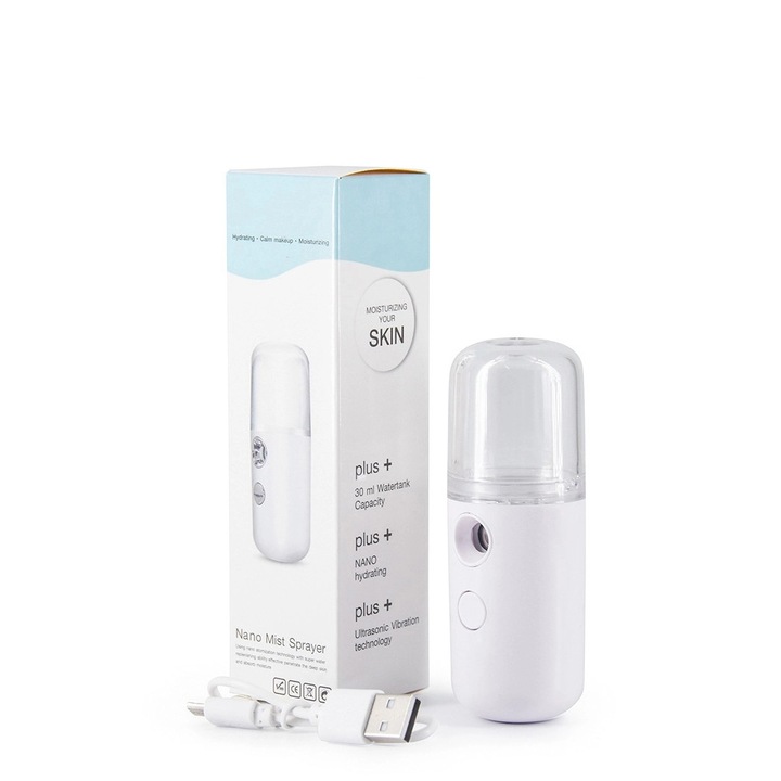 Spray Hidratare Faciala Nano eOptima® W-718B, Igienizare, Abur Rece, Hidratare, Ionic, 30 ml, Port USB, Alb
