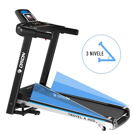 Banda de alergat electrica Orion Travel A400, bluetooth, Fitshow/Kinomap, viteza maxima 12 km/h, greutate maxima utilizator 110kg, pliabila