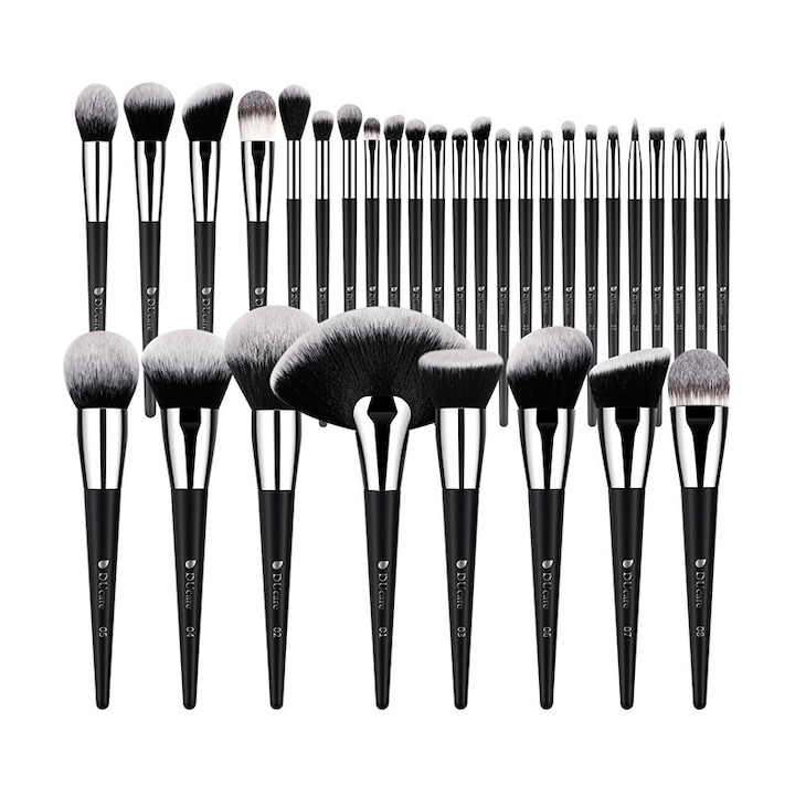 Set 32 pensule profesionale Ducare din mix de par natural de capra si fibre sintetice, pentru makeup ten, buze sau ochi, negru