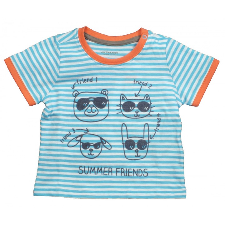 Kék-fehér csíkos, állatos bébi póló