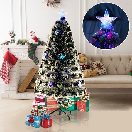 Brad artificial de Craciun, ProCart, cu fibra optica lunga si LED, 210 cm, varfuri albe, stea si suport incluse