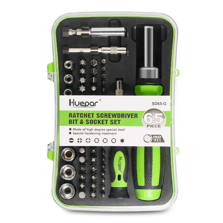 Huepar SD65-Y/G Csavarhúzó és bitfej készlet, hosszabbítóval, 65 az 1-ben